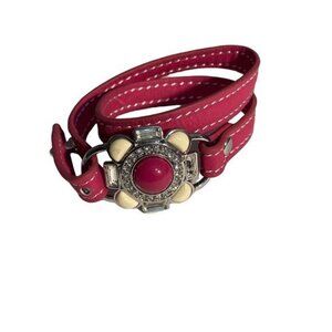 Lia Sophia Pink Leather Wrap Bracelet Adjustable Pink‎ White Flower